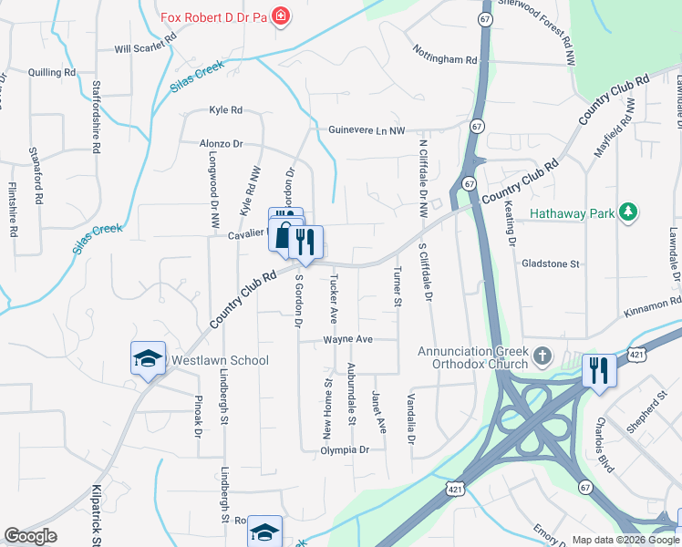 map of restaurants, bars, coffee shops, grocery stores, and more near 3844 Country Club Road in Winston-Salem