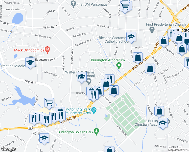 map of restaurants, bars, coffee shops, grocery stores, and more near 452 Parkview Drive in Burlington
