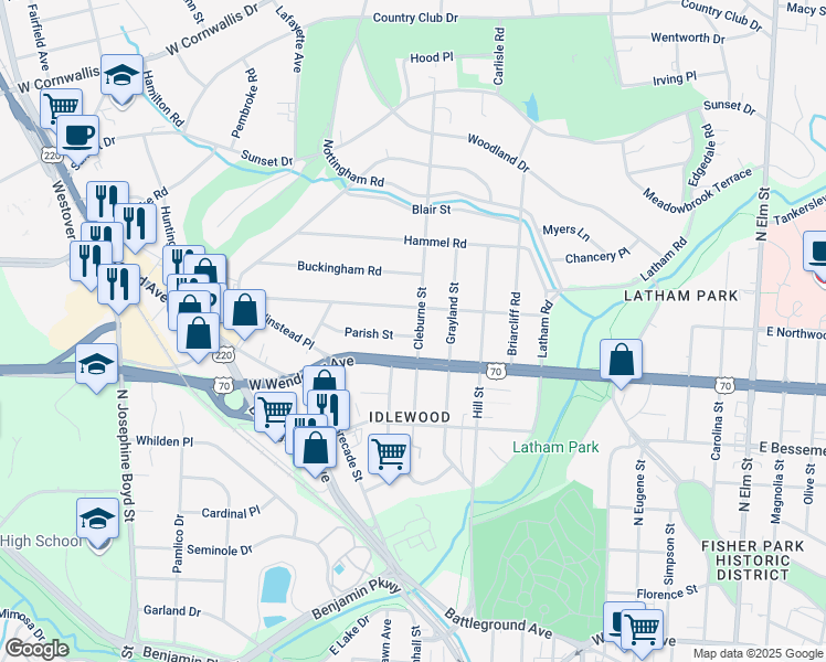 map of restaurants, bars, coffee shops, grocery stores, and more near 1100 Parish Street in Greensboro