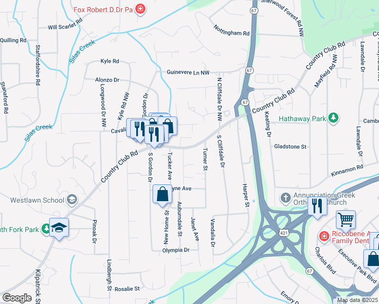 map of restaurants, bars, coffee shops, grocery stores, and more near 3812 Country Club Road in Winston-Salem