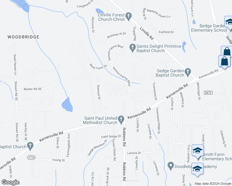 map of restaurants, bars, coffee shops, grocery stores, and more near Worchester Street in Kernersville