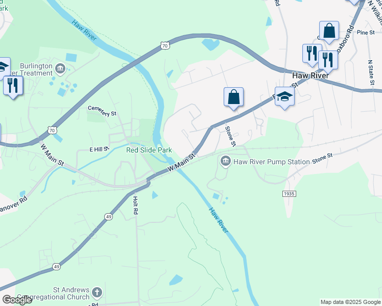 map of restaurants, bars, coffee shops, grocery stores, and more near 205 East Main Street in Haw River
