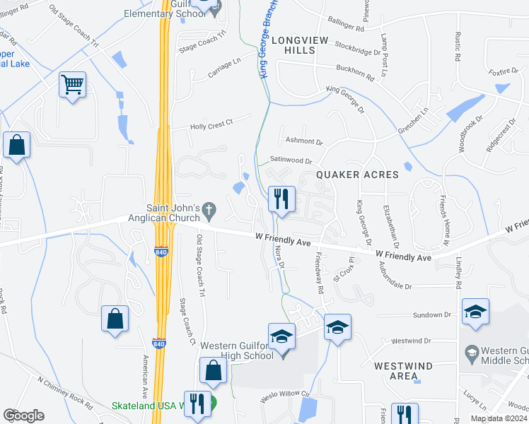 map of restaurants, bars, coffee shops, grocery stores, and more near 802 Settlers Lane in Greensboro