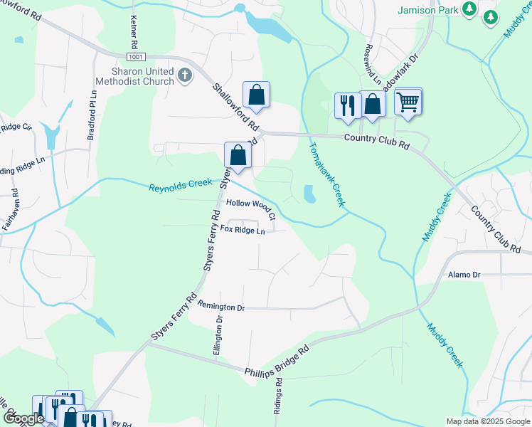 map of restaurants, bars, coffee shops, grocery stores, and more near 5930 Hollow Wood Court in Winston-Salem