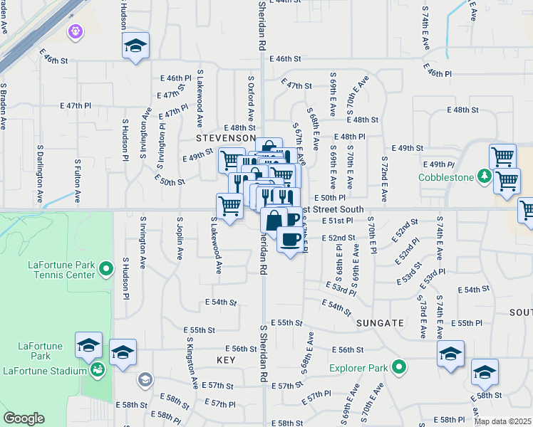 map of restaurants, bars, coffee shops, grocery stores, and more near 6530 East 51st Street in Tulsa