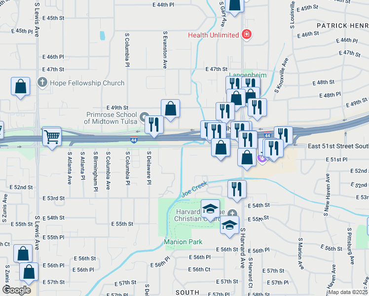 map of restaurants, bars, coffee shops, grocery stores, and more near 3003 East 51st Street in Tulsa