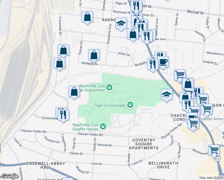 map of restaurants, bars, coffee shops, grocery stores, and more near 3777 Nolensville Pike in Nashville