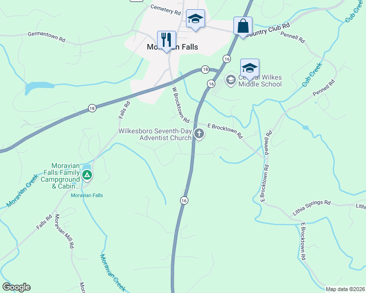 map of restaurants, bars, coffee shops, grocery stores, and more near 148 Samuel Circle in Moravian Falls