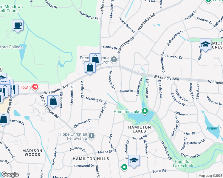 map of restaurants, bars, coffee shops, grocery stores, and more near 4203 Henderson Road in Greensboro