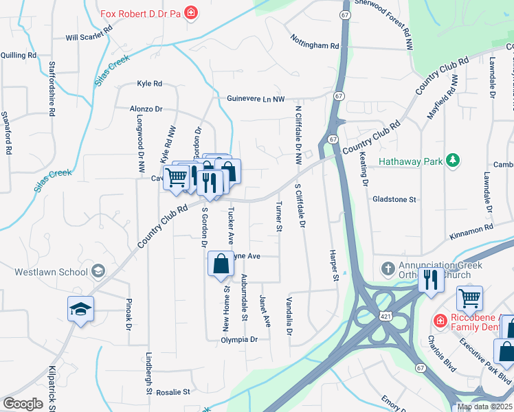 map of restaurants, bars, coffee shops, grocery stores, and more near 3812 Country Club Road in Winston-Salem
