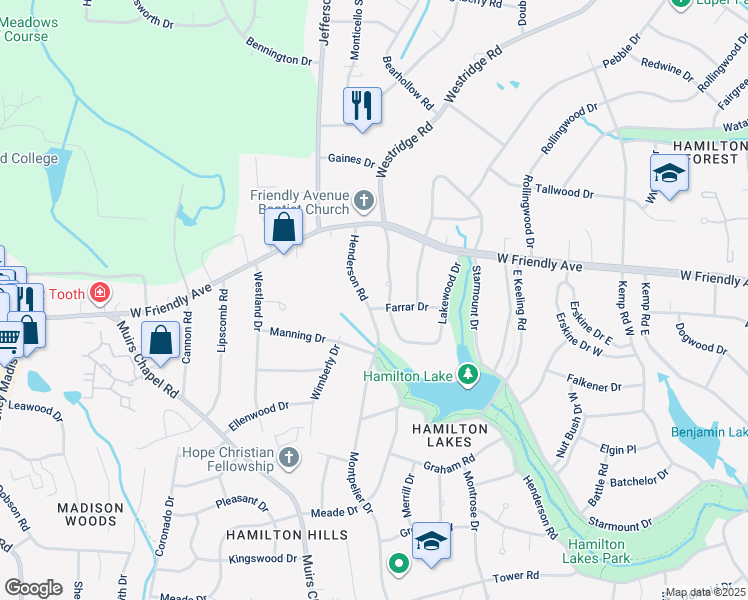 map of restaurants, bars, coffee shops, grocery stores, and more near 4200 Henderson Road in Greensboro