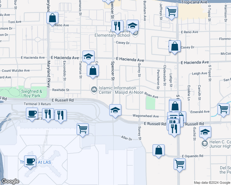 map of restaurants, bars, coffee shops, grocery stores, and more near 5508 Spencer Street in Las Vegas