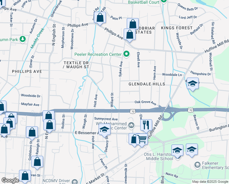 map of restaurants, bars, coffee shops, grocery stores, and more near 912 Willard Street in Greensboro