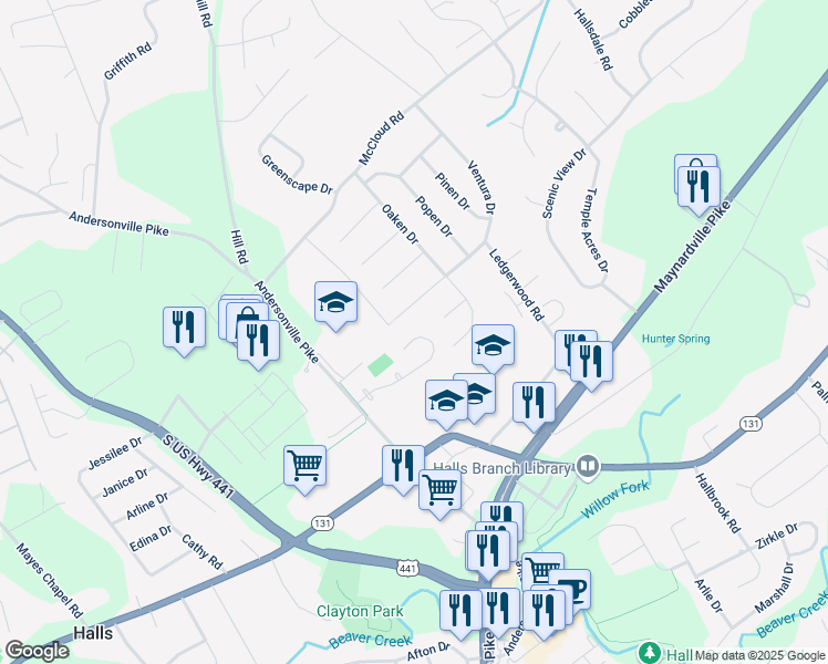 map of restaurants, bars, coffee shops, grocery stores, and more near 4460 Northgate Drive in Knoxville