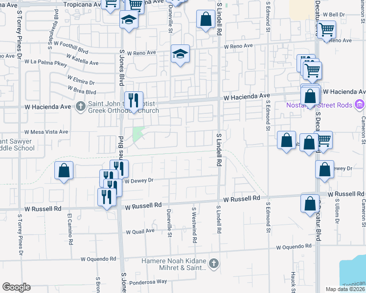 map of restaurants, bars, coffee shops, grocery stores, and more near 5493 Overland Express Street in Las Vegas