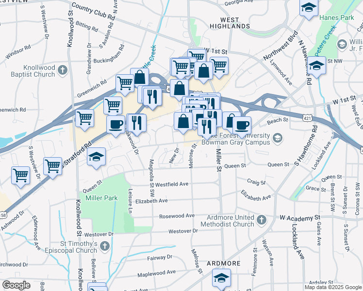 map of restaurants, bars, coffee shops, grocery stores, and more near 2326 Cloverdale Avenue Northwest in Winston-Salem