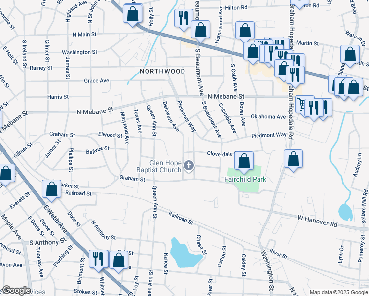 map of restaurants, bars, coffee shops, grocery stores, and more near 628 Delaware Avenue in Burlington