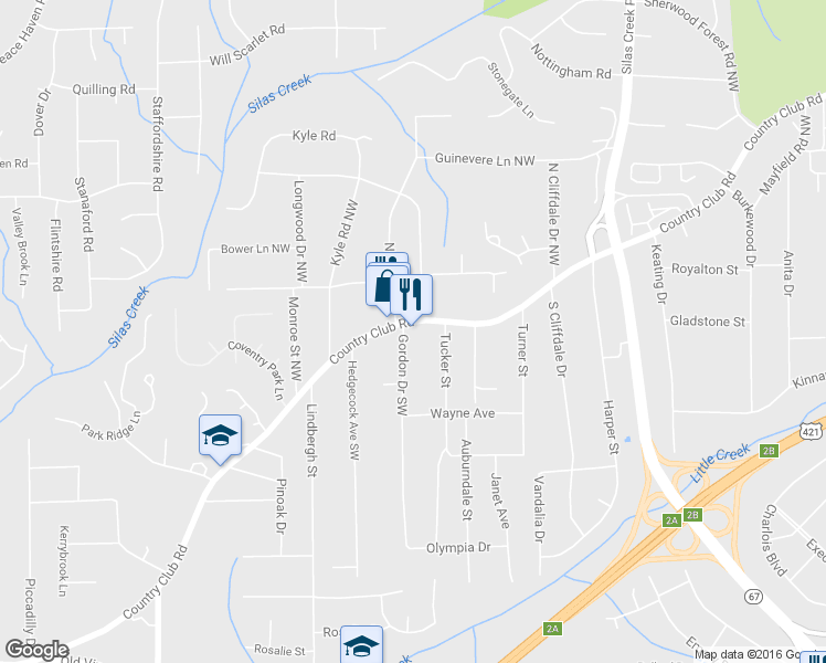 map of restaurants, bars, coffee shops, grocery stores, and more near 3914 Country Club Road in Winston-Salem