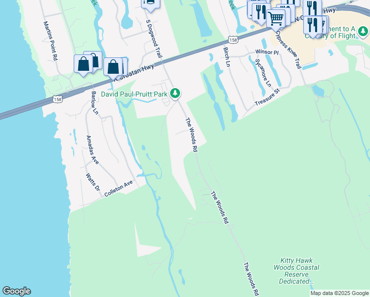 map of restaurants, bars, coffee shops, grocery stores, and more near 5116 Woods Road in Kitty Hawk