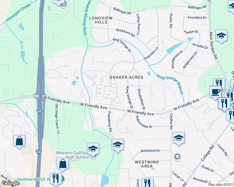 map of restaurants, bars, coffee shops, grocery stores, and more near 1002 Satin Wood Drive in Greensboro