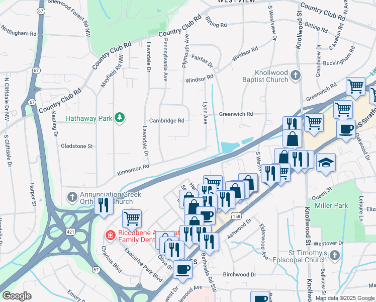 map of restaurants, bars, coffee shops, grocery stores, and more near 3021 Kinnamon Road in Winston-Salem