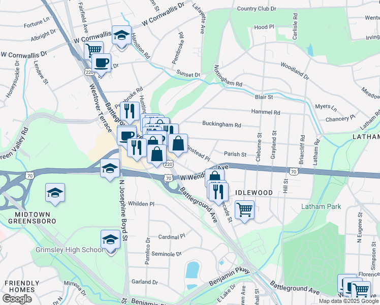 map of restaurants, bars, coffee shops, grocery stores, and more near 1316 Winstead Place in Greensboro