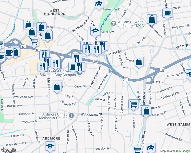 map of restaurants, bars, coffee shops, grocery stores, and more near 301 South Hawthorne Road in Winston-Salem