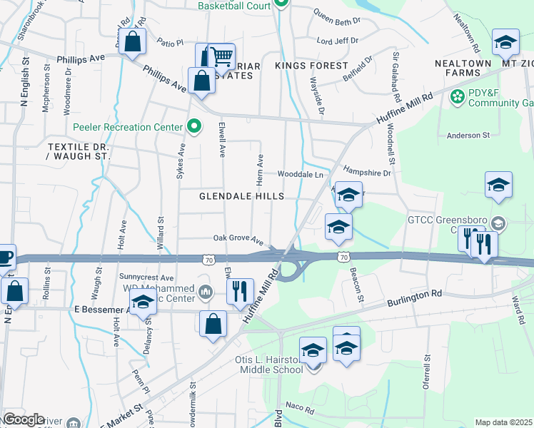 map of restaurants, bars, coffee shops, grocery stores, and more near 927 Foushee Street in Greensboro
