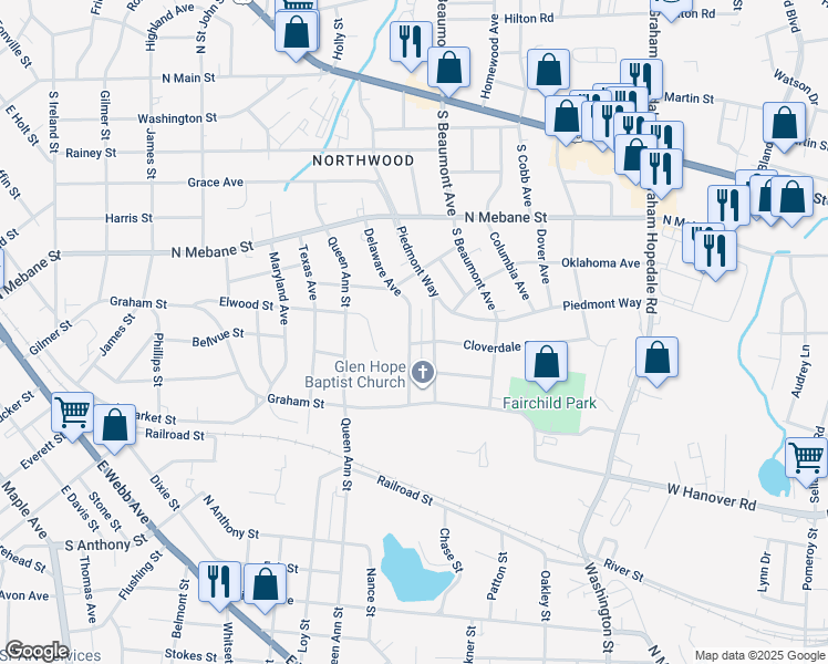 map of restaurants, bars, coffee shops, grocery stores, and more near 628 Delaware Avenue in Burlington