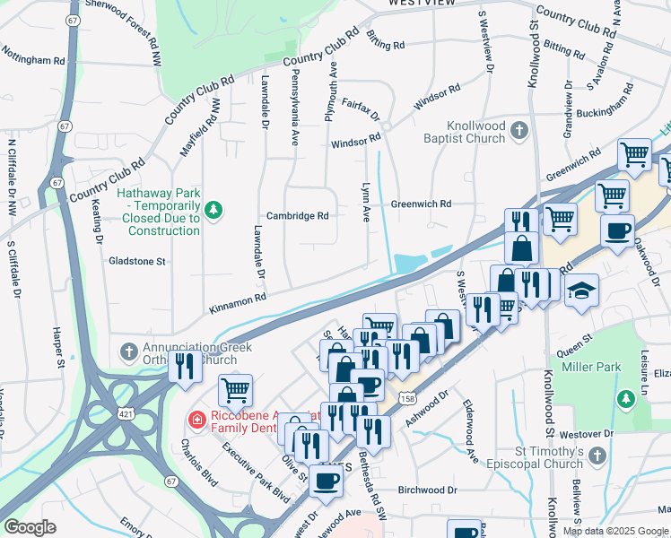 map of restaurants, bars, coffee shops, grocery stores, and more near 3021 Kinnamon Road in Winston-Salem