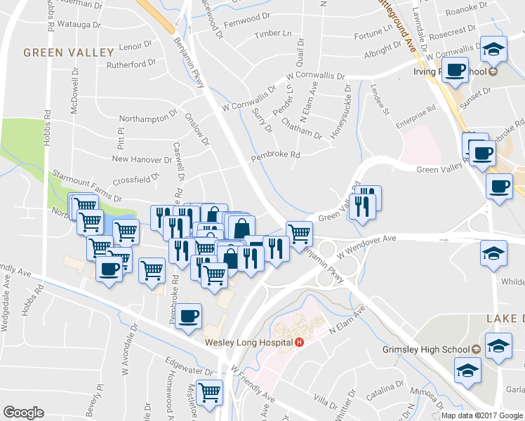 map of restaurants, bars, coffee shops, grocery stores, and more near 901 Benjamin Parkway in Greensboro