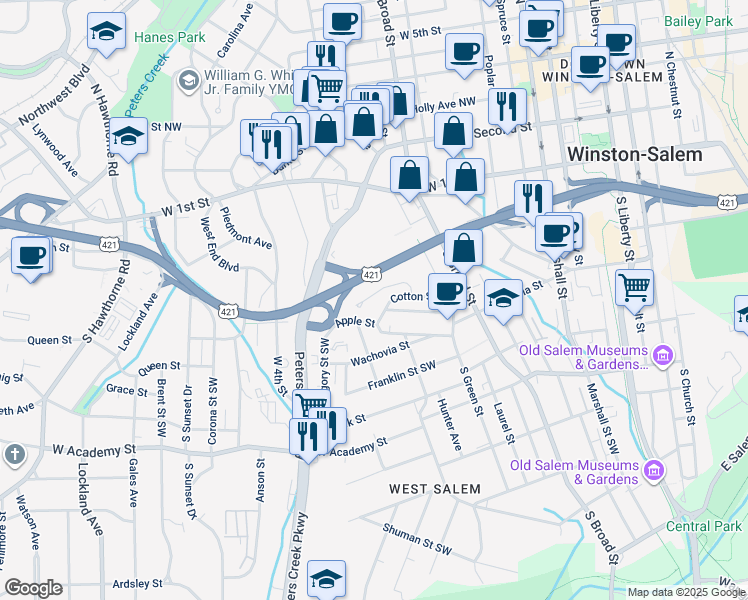 map of restaurants, bars, coffee shops, grocery stores, and more near 866 Salem Pointe Lane in Winston-Salem