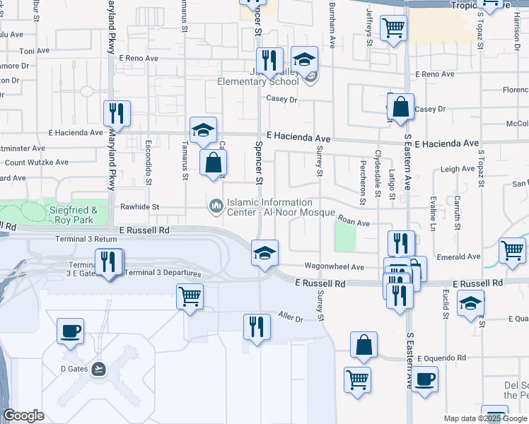 map of restaurants, bars, coffee shops, grocery stores, and more near 5508 Spencer Street in Las Vegas