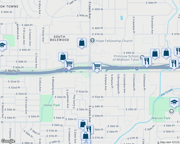 map of restaurants, bars, coffee shops, grocery stores, and more near E 51st St & S Lewis Ave in Tulsa