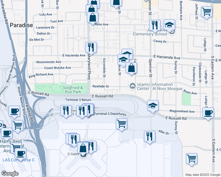 map of restaurants, bars, coffee shops, grocery stores, and more near 1390 Rawhide Street in Las Vegas