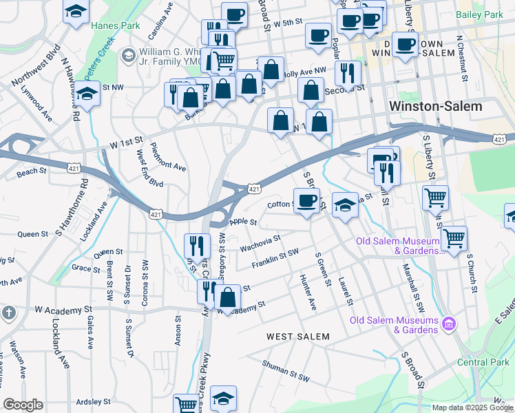 map of restaurants, bars, coffee shops, grocery stores, and more near 866 Salem Pointe Lane in Winston-Salem