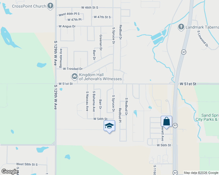 map of restaurants, bars, coffee shops, grocery stores, and more near 405 West 51st Place in Sand Springs