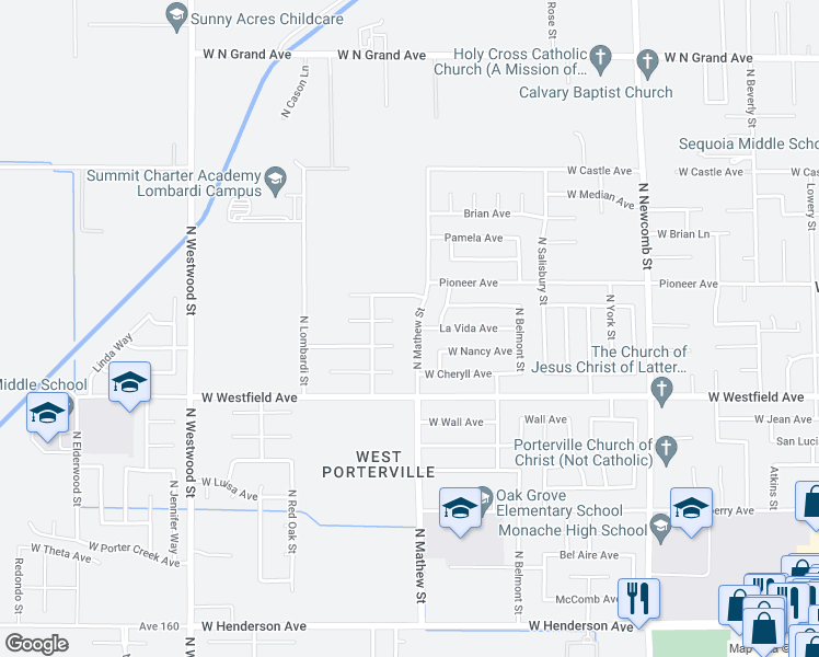 map of restaurants, bars, coffee shops, grocery stores, and more near 1325 North Mathew Street in Porterville