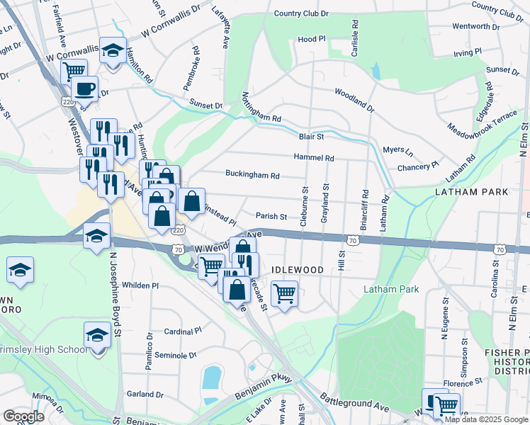 map of restaurants, bars, coffee shops, grocery stores, and more near 1128 Parish Street in Greensboro