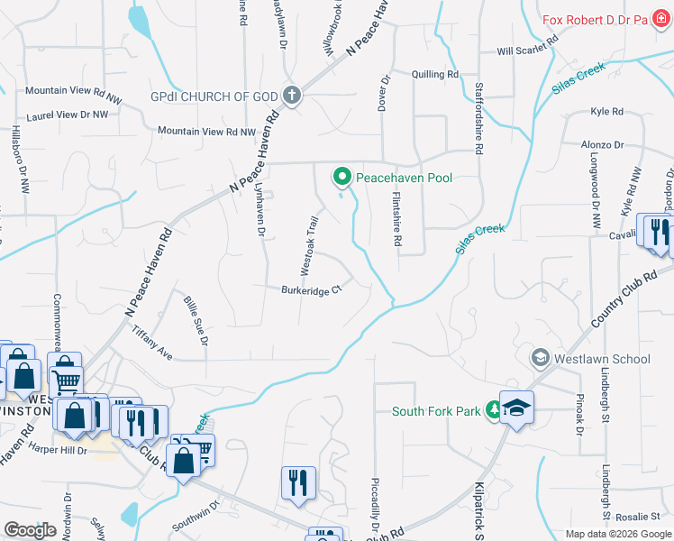 map of restaurants, bars, coffee shops, grocery stores, and more near 430 Flyntvalley Drive in Winston-Salem