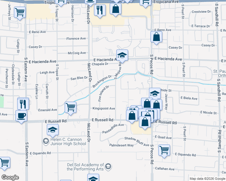 map of restaurants, bars, coffee shops, grocery stores, and more near 5482 Fire Island Drive in Las Vegas