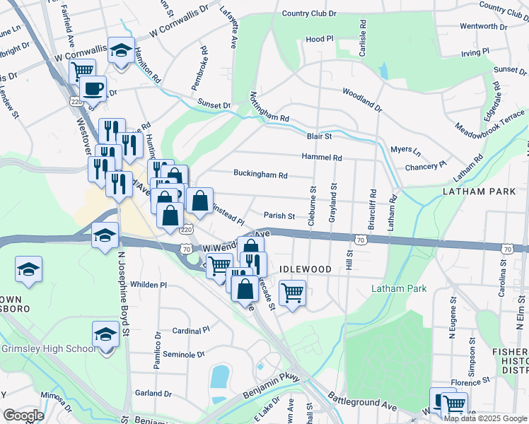 map of restaurants, bars, coffee shops, grocery stores, and more near 1132 Parish Street in Greensboro