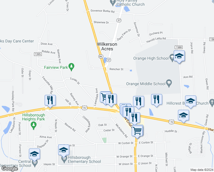 map of restaurants, bars, coffee shops, grocery stores, and more near 300 North Carolina 86 in Hillsborough