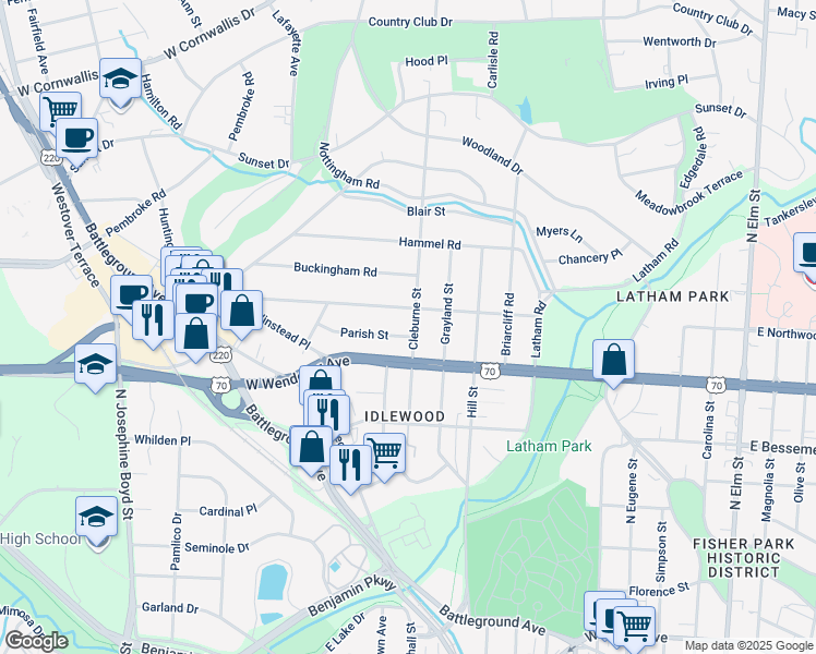 map of restaurants, bars, coffee shops, grocery stores, and more near 1100 Parish Street in Greensboro