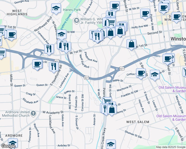 map of restaurants, bars, coffee shops, grocery stores, and more near 124 Taylor Street Southwest in Winston-Salem