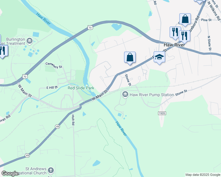 map of restaurants, bars, coffee shops, grocery stores, and more near 205 East Main Street in Haw River