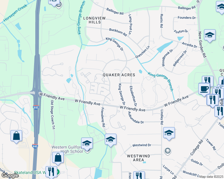 map of restaurants, bars, coffee shops, grocery stores, and more near 1002 Satin Wood Drive in Greensboro
