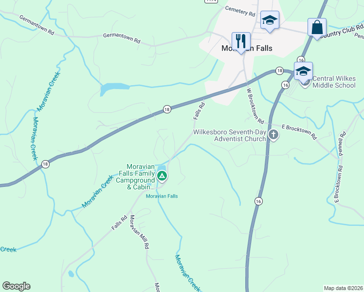 map of restaurants, bars, coffee shops, grocery stores, and more near Falls Road in Moravian Falls