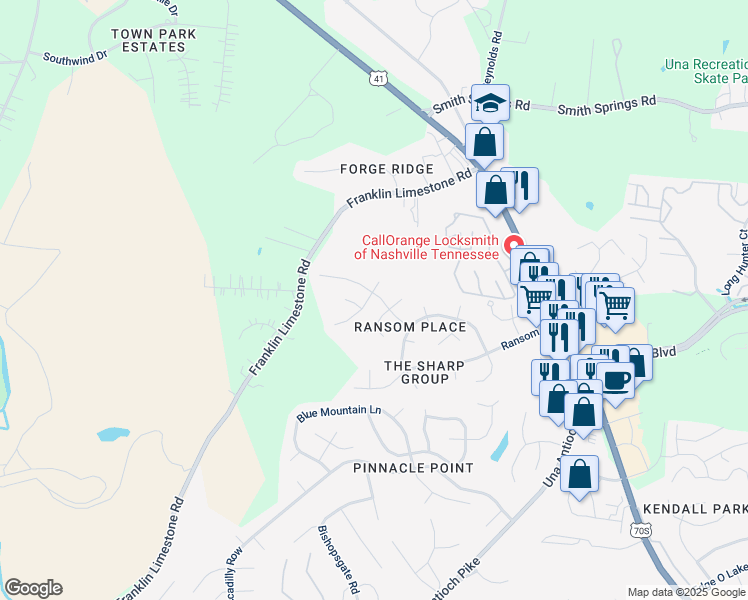 map of restaurants, bars, coffee shops, grocery stores, and more near 3249 Grace Crest Point in Nashville