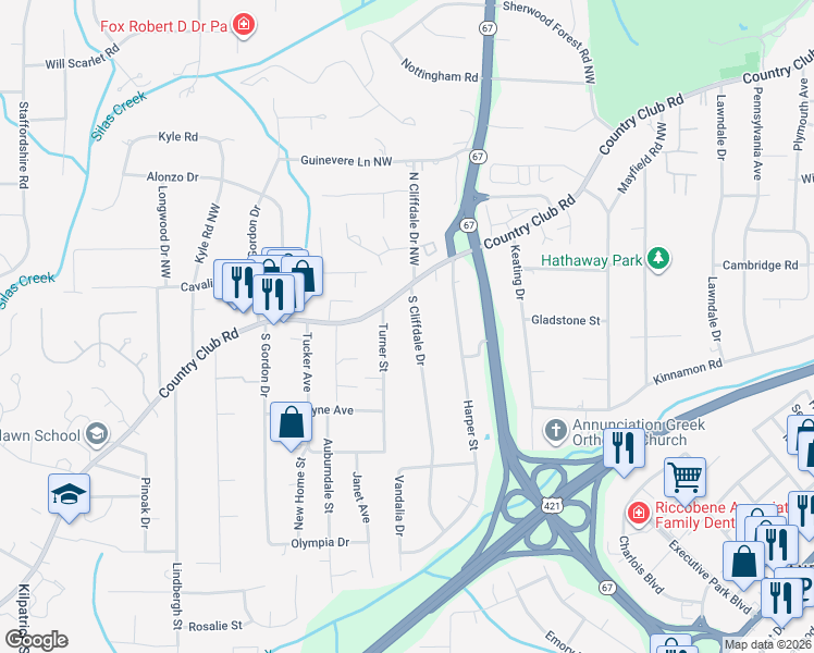 map of restaurants, bars, coffee shops, grocery stores, and more near 116 South Cliffdale Drive in Winston-Salem